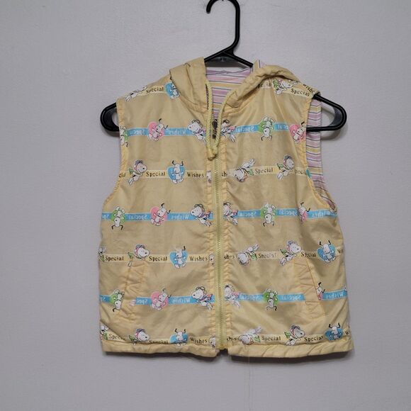 Vintage Snoopy Kids Hooded Reversible Vest Yellow 7/8 Full Zip RARE - Picture 3 of 9